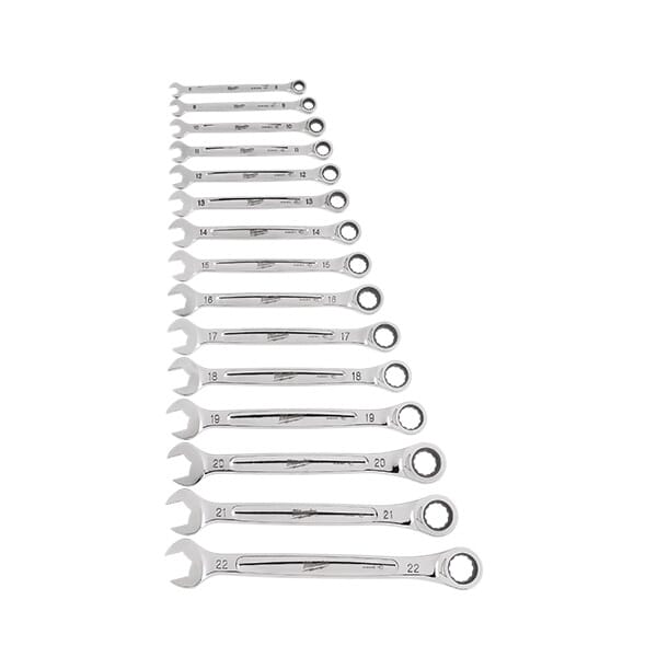 Milwaukee® MAX BITE™ 48-22-9516 Combination Ratcheting Wrench Set, 15 Pieces, Polished Chrome